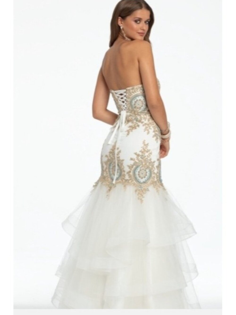 Camille La Vie Mermaid Prom Dress 10P Petite White Gold Embroidered Formal Gown